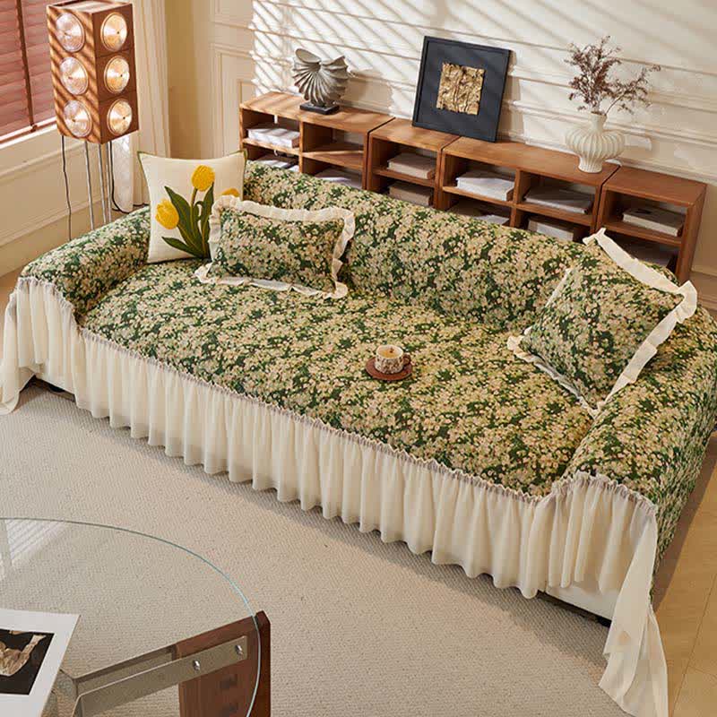 Grüner Sofaschoner mit Blumenmuster und Rüschen - image 2