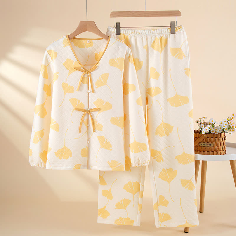 Warmes Loungewear-Set aus Baumwolle mit Ginkgoblättern - Gelb - XL - image 1