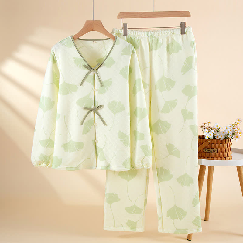 Warmes Loungewear-Set aus Baumwolle mit Ginkgoblättern - Grün - XL - image 2