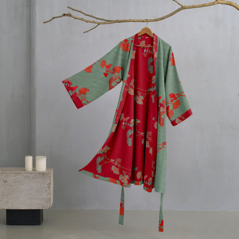 Kimono-Bademantel aus Bio-Baumwolle mit Ginkgoblatt - Grün & Rot - 2XL - image 16