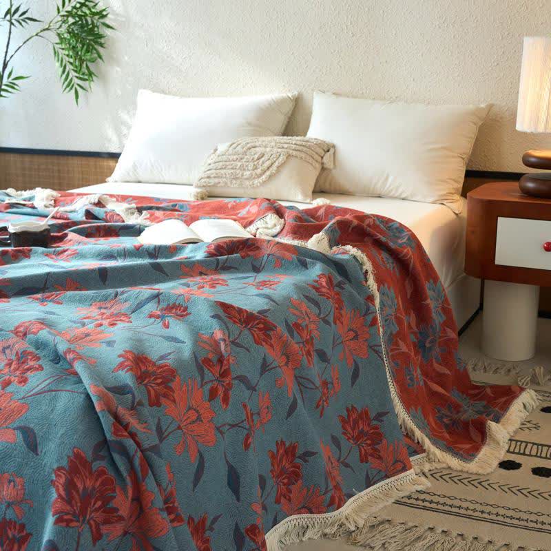Orangefarbene Steppdecke aus Baumwollleinen und Jacquard mit Blumenmuster - 230 cm x 240 cm - image 0