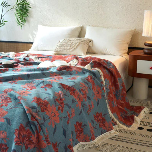 Orangefarbene Steppdecke aus Baumwollleinen und Jacquard mit Blumenmuster - 230 cm x 240 cm - image 0