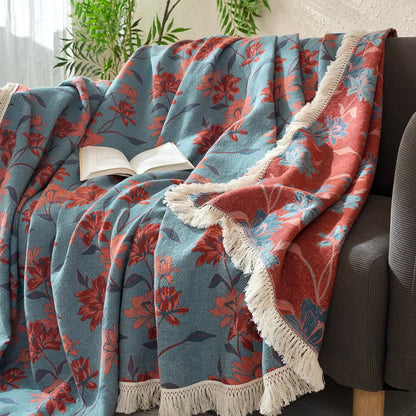 Orangefarbene Steppdecke aus Baumwollleinen und Jacquard mit Blumenmuster - image 1