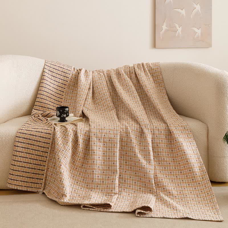 Dreilagige Steppdecke aus Baumwollmusselin mit Karomuster - Gelb - 2 Kissenbezüge - 52cm x 80cm - image 8