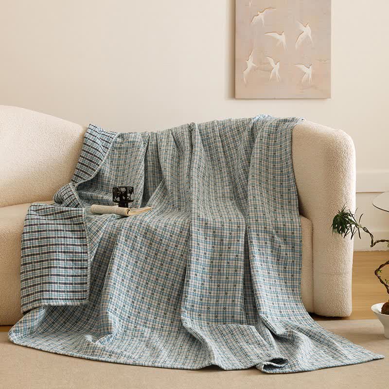 Dreilagige Steppdecke aus Baumwollmusselin mit Karomuster - Blau - 2 Kissenbezüge - 52cm x 80cm - image 10