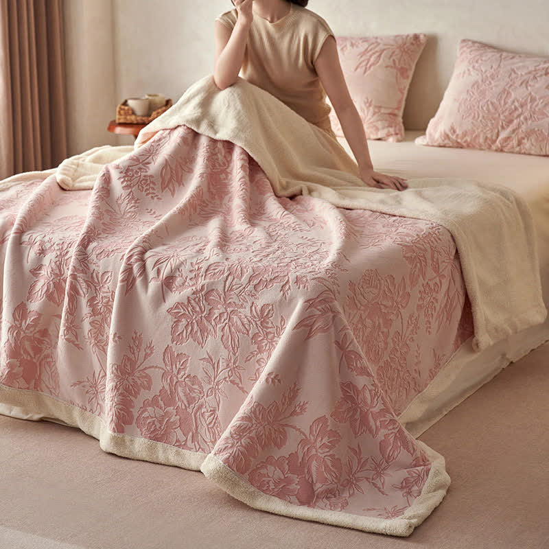 Warme Jacquard-Überwurfdecke mit botanischem Blumenmuster - Rosa - 200cm x 230cm - image 3