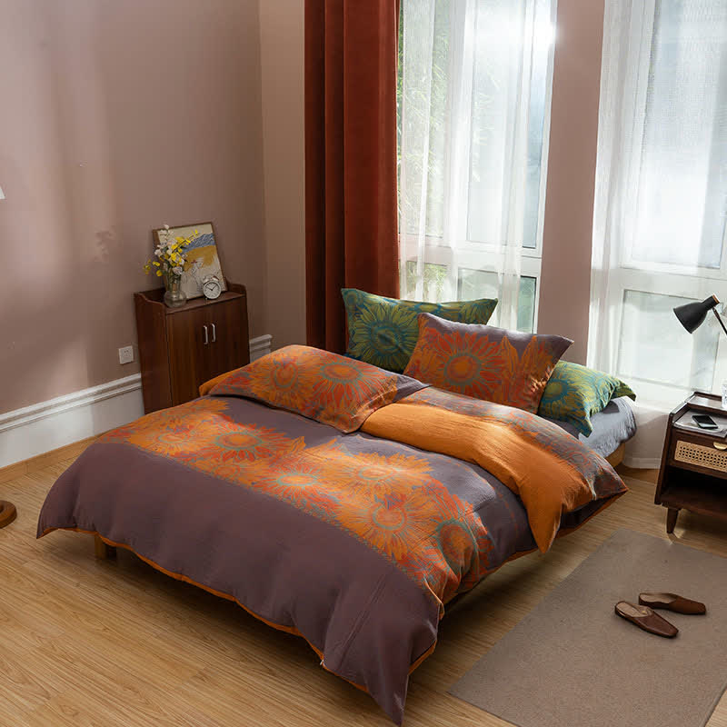 Pastorales Sonnenblumen-Bettwäscheset aus Jacquard-Baumwolle (4-teilig) - Lila & Orange - 220cm x 240cm - image 1
