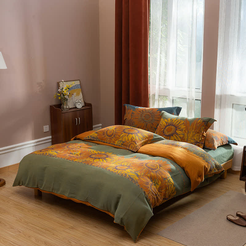 Pastorales Sonnenblumen-Bettwäscheset aus Jacquard-Baumwolle (4-teilig) - Grün & Orange - 220cm x 240cm - image 6
