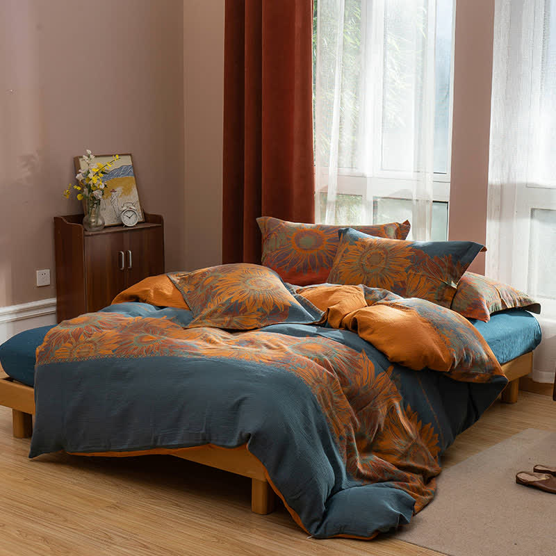 Pastorales Sonnenblumen-Bettwäscheset aus Jacquard-Baumwolle (4-teilig) - Blau & Orange - 220cm x 240cm - image 3