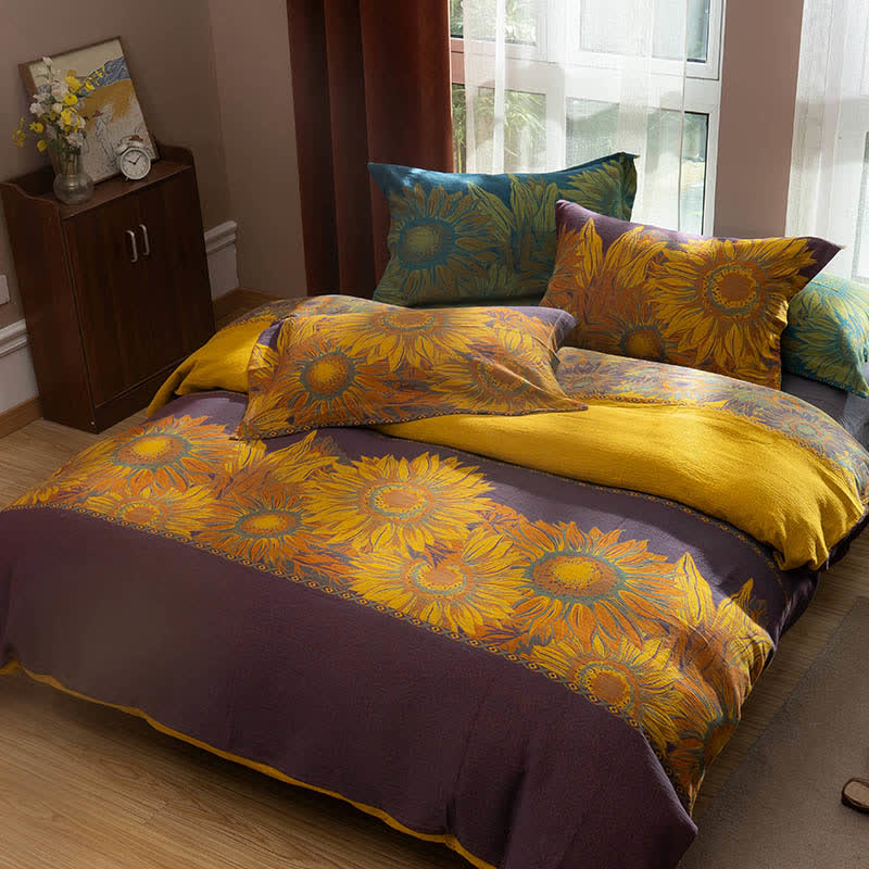 Pastorales Sonnenblumen-Bettwäscheset aus Jacquard-Baumwolle (4-teilig) - Lila & Gelb - 220cm x 240cm - image 5