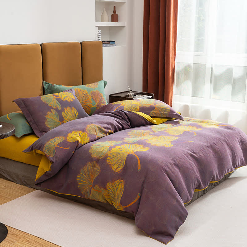 Ginkgo Jacquard Baumwoll-Wendebettwäsche-Set (4-teilig) - Lila & Gelb - 220cm x 240cm - image 5