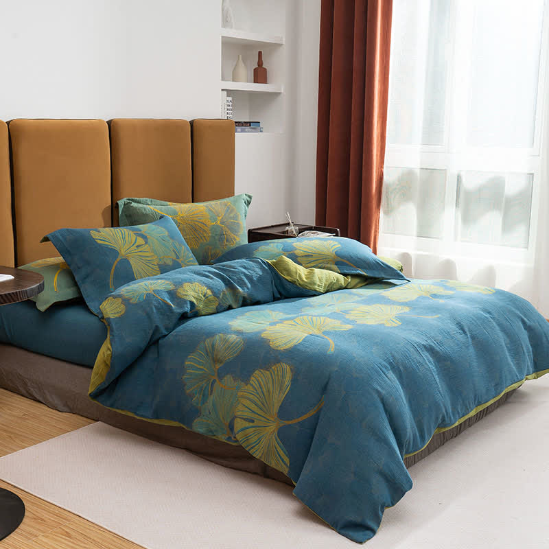Ginkgo Jacquard Baumwoll-Wendebettwäsche-Set (4-teilig) - Blau & Grün - 220cm x 240cm - image 4