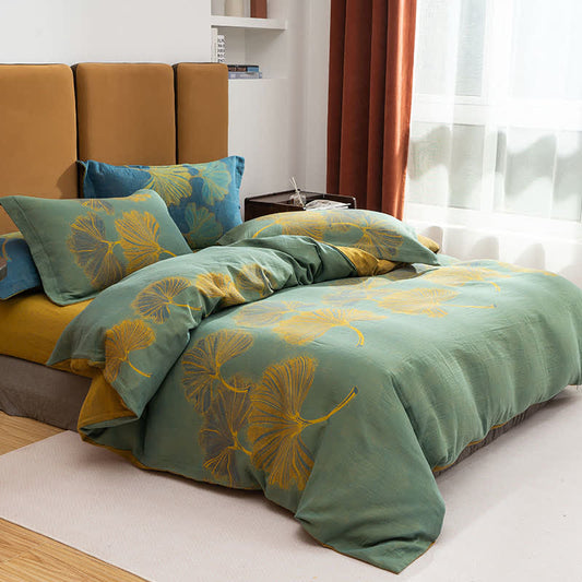 Wendebettwäscheset aus Ginkgo-Jacquard-Baumwolle (4-teilig) - Grün & Gelb - 220cm x 240cm - image 0