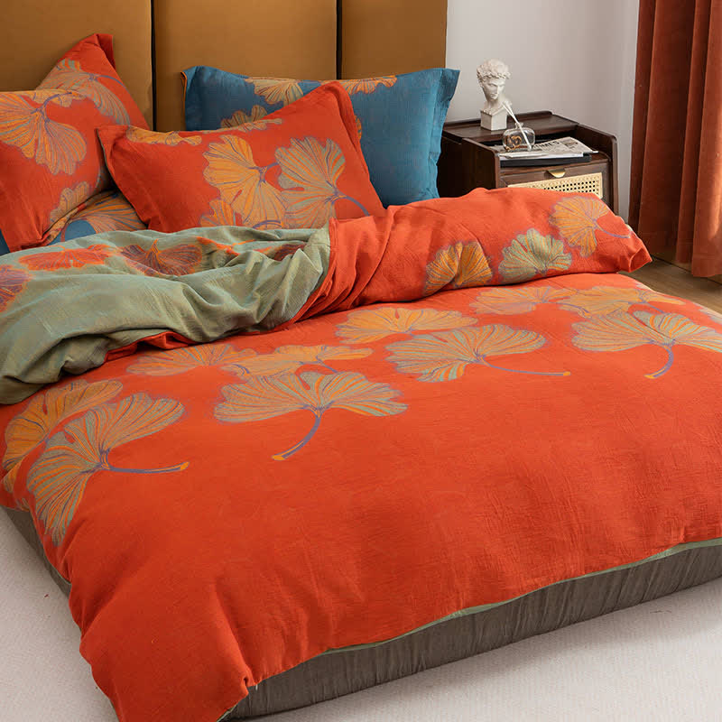 Ginkgo Jacquard Baumwoll-Wendebettwäsche-Set (4-teilig) - Rot & Orange - 220cm x 240cm - image 2