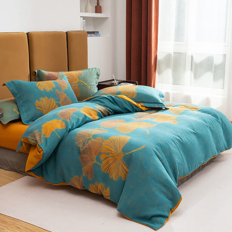 Ginkgo Jacquard Baumwoll-Wendebettwäsche-Set (4-teilig) - Seeblau & Orange - 220cm x 240cm - image 7