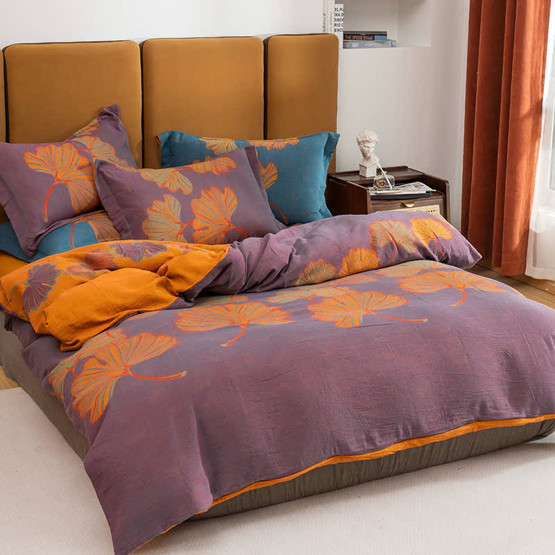 Ginkgo Jacquard Baumwoll-Wendebettwäsche-Set (4-teilig) - Lila & Orange - 220cm x 240cm - image 1