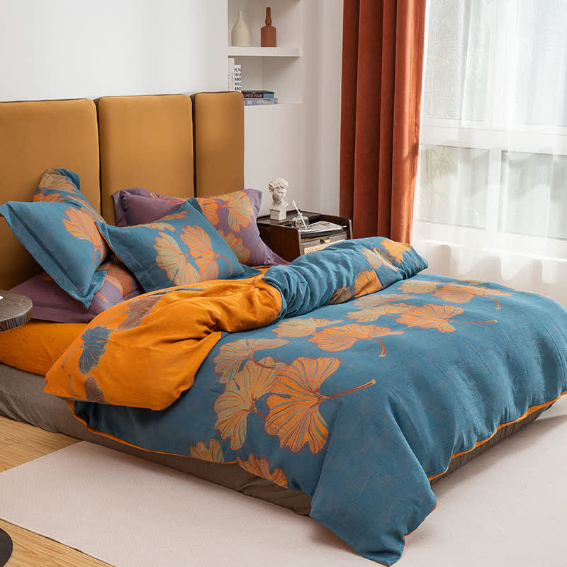 Ginkgo Jacquard Baumwoll-Wendebettwäsche-Set (4-teilig) - Blau & Orange - 220cm x 240cm - image 3