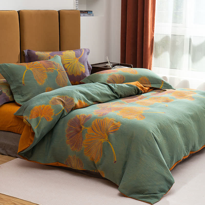 Ginkgo Jacquard Baumwoll-Wendebettwäsche-Set (4-teilig) - Grün & Orange - 220cm x 240cm - image 6