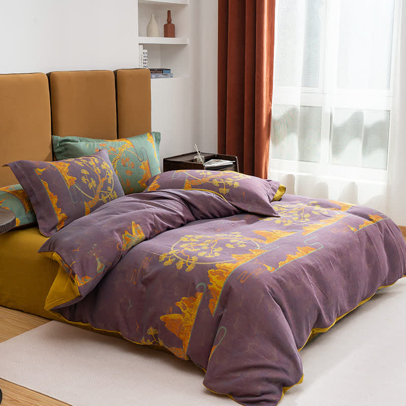 Wendebettwäscheset aus Jacquard-Baumwolle im Querformat (4-teilig) - Lila & Gelb - 220cm x 240cm - image 1