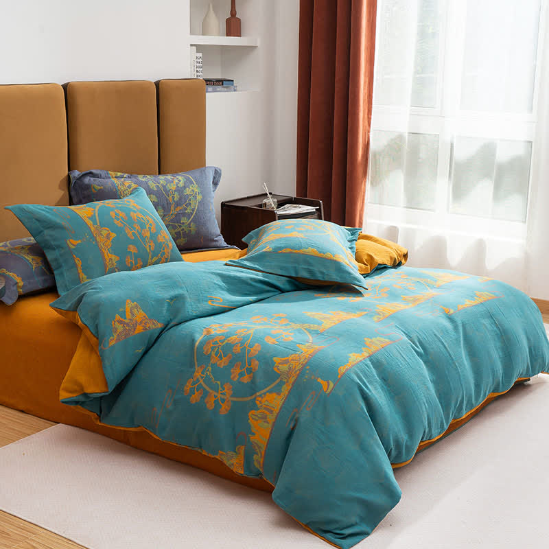 Wendebettwäscheset aus Jacquard-Baumwolle im Querformat (4-teilig) - Seeblau & Orange - 220cm x 240cm - image 7