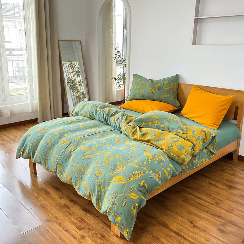 Bettwäscheset aus Jacquard-Baumwolle mit botanischem Blattmotiv (4-teilig) - Grün & Gelb - 220cm x 240cm - image 6