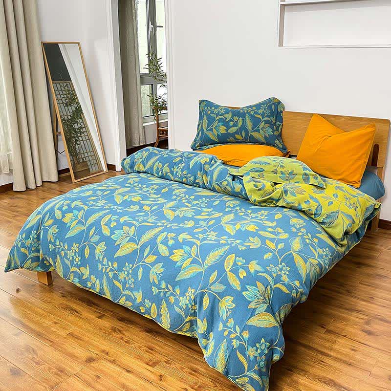 Bettwäscheset aus Jacquard-Baumwolle mit botanischem Blattmotiv (4-teilig) - Blau & Grün - 220cm x 240cm - image 4