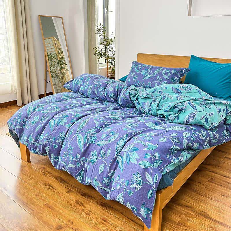 Bettwäscheset aus Jacquard-Baumwolle mit botanischem Blattmotiv (4-teilig) - Lila & Seeblau - 220cm x 240cm - image 7