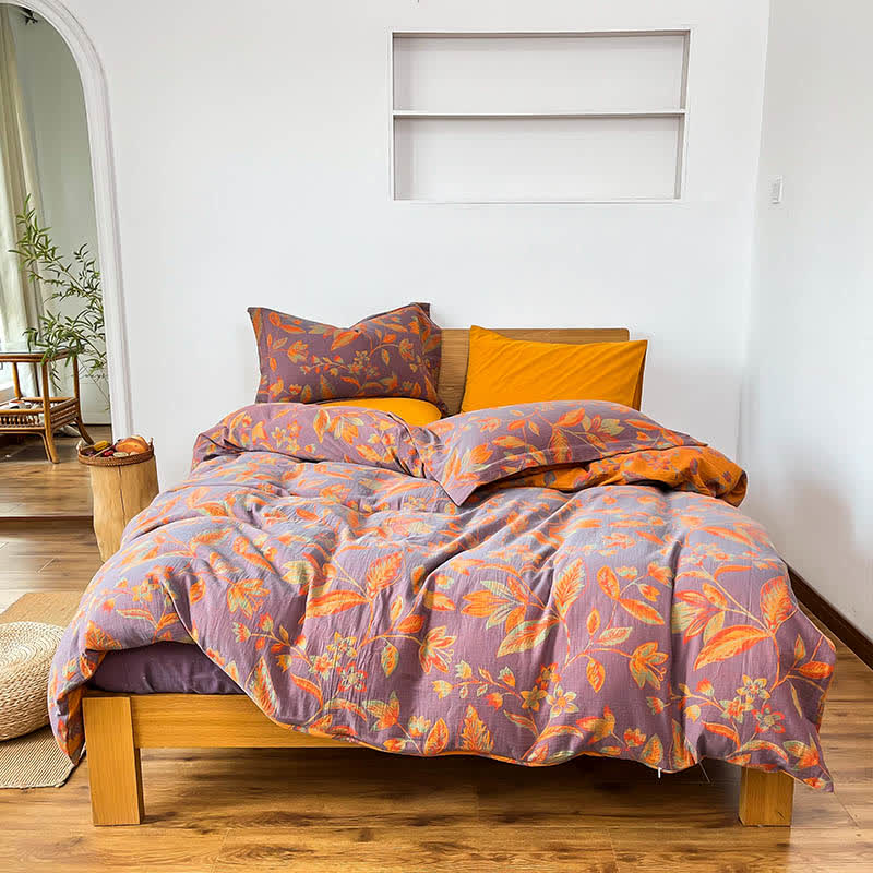 Bettwäscheset aus Jacquard-Baumwolle mit botanischem Blattmotiv (4-teilig) - Lila & Orange - 220cm x 240cm - image 1