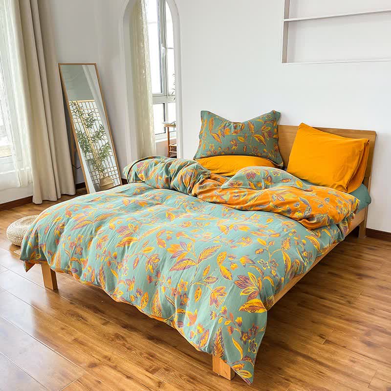 Bettwäscheset aus Jacquard-Baumwolle mit botanischem Blattmotiv (4-teilig) - Grün & Orange - 220cm x 240cm - image 0
