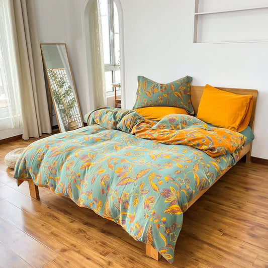 Bettwäscheset aus Jacquard-Baumwolle mit botanischem Blattmotiv (4-teilig) - Grün & Orange - 220cm x 240cm - image 0