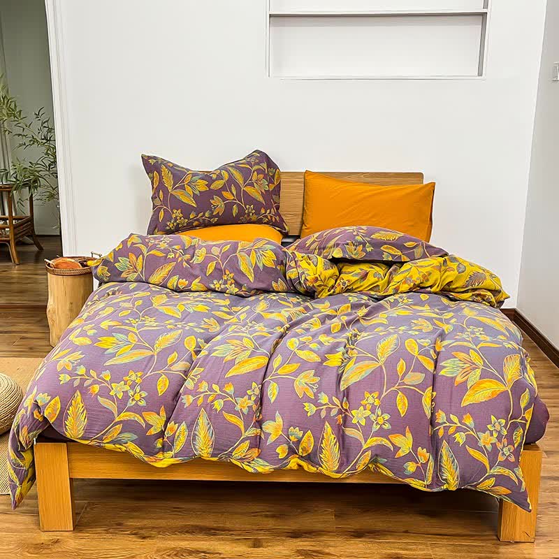 Bettwäscheset aus Jacquard-Baumwolle mit botanischem Blattmotiv (4-teilig) - Lila & Gelb - 220cm x 240cm - image 5