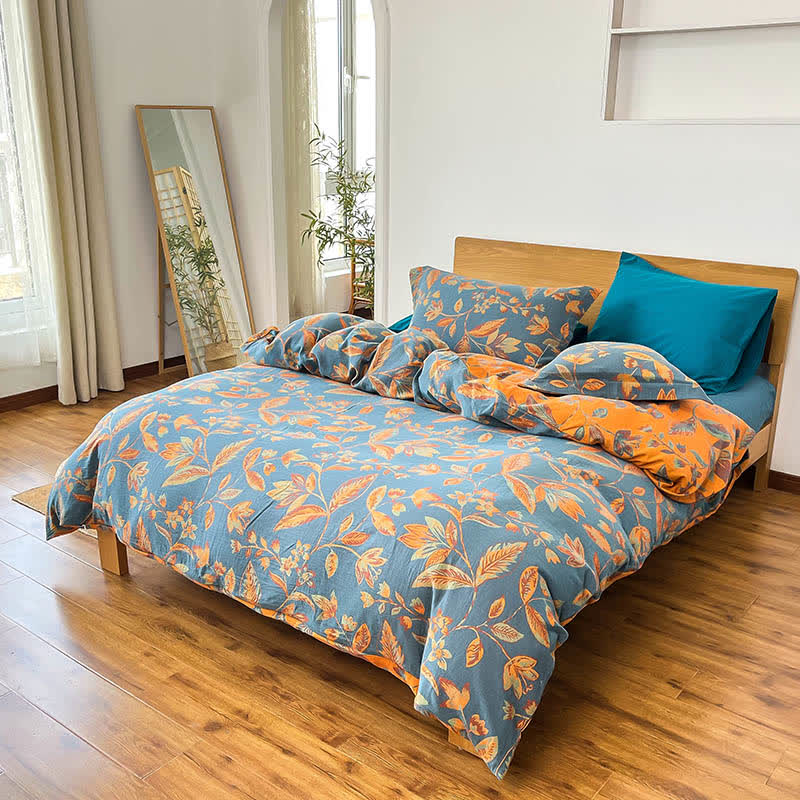 Bettwäscheset aus Jacquard-Baumwolle mit botanischem Blattmotiv (4-teilig) - Blau & Orange - 220cm x 240cm - image 3