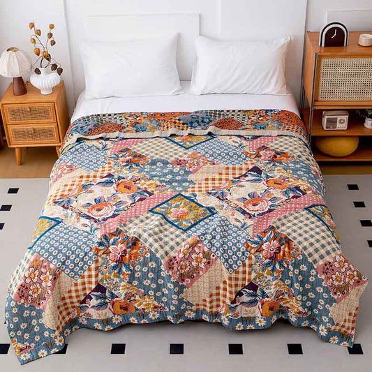 Patchwork-Steppdecke aus natürlicher Baumwollgaze mit Blumenmuster - 200cm x 230cm - image 0