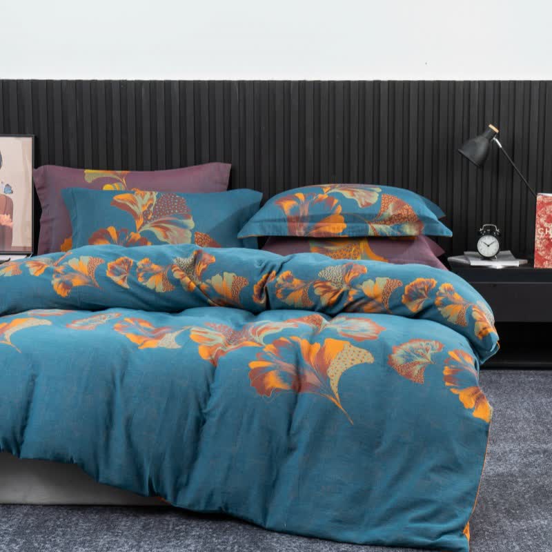 Ginkgo-inspiriertes Bettwäscheset aus Baumwollgaze (4-teilig) - Blau & Orange - 220cm x 240cm - image 14