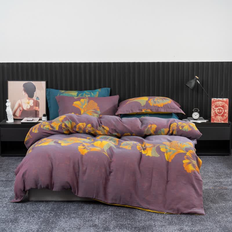 Ginkgo-inspiriertes Bettwäscheset aus Baumwollgaze (4-teilig) - Lila & Gelb - 220cm x 240cm - image 16