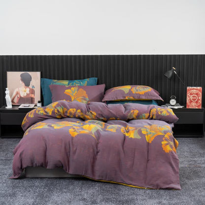 Ginkgo-inspiriertes Bettwäscheset aus Baumwollgaze (4-teilig) - Lila & Gelb - 220cm x 240cm - image 16