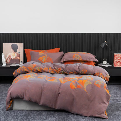 Ginkgo-inspiriertes Bettwäscheset aus Baumwollgaze (4-teilig) - Lila & Orange - 220cm x 240cm - image 17