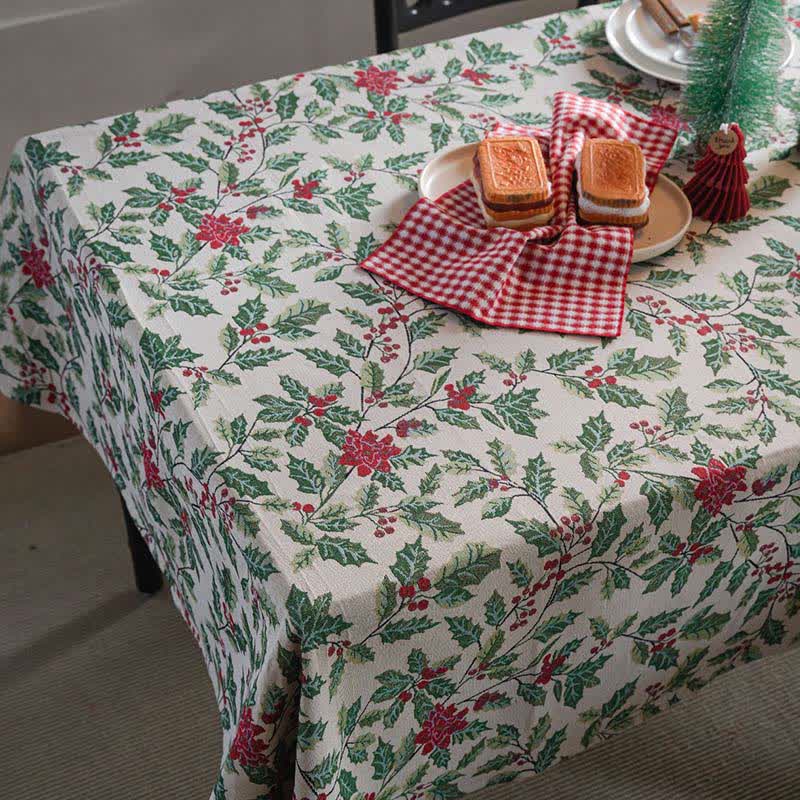 Weihnachtlich inspirierte Jacquard-Tischdecke mit Stechpalmenblättern - image 8