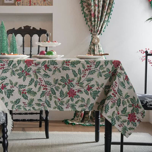 Weihnachtlich inspirierte Jacquard-Tischdecke mit Stechpalmenblättern - 140cm x 260cm - image 0