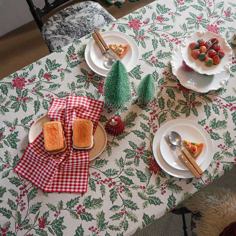 Weihnachtlich inspirierte Jacquard-Tischdecke mit Stechpalmenblättern - image 6