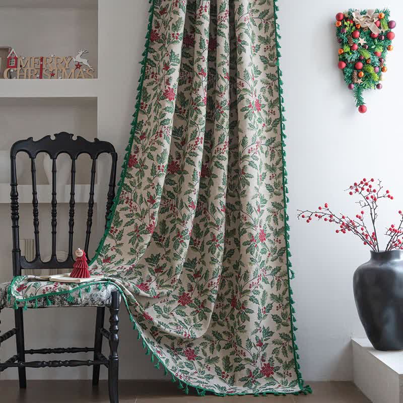 Weihnachtlicher Vorhang mit Stechpalmenblättern und Quasten - Stangentasche - 150cm x 260cm - image 0