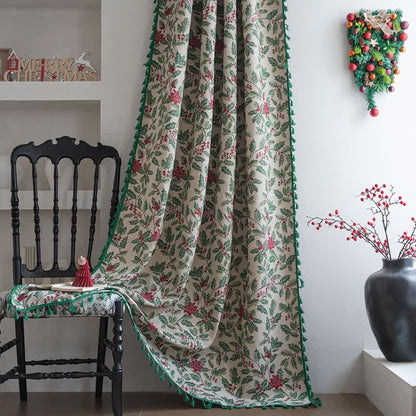 Weihnachtlicher Vorhang mit Stechpalmenblättern und Quasten - Stangentasche - 150cm x 260cm - image 0