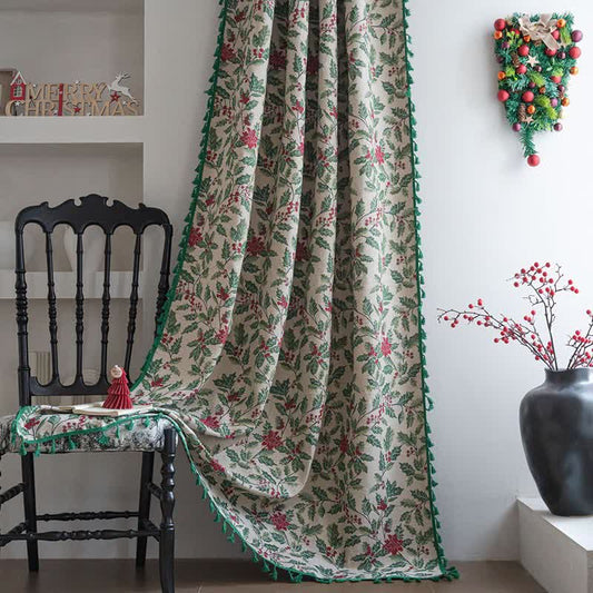 Weihnachtlicher Vorhang mit Stechpalmenblättern und Quasten - Stangentasche - 150cm x 260cm - image 0