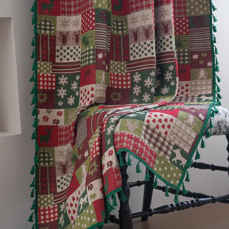 Patchwork-Vorhang mit Quasten und weihnachtlichem Print - image 4