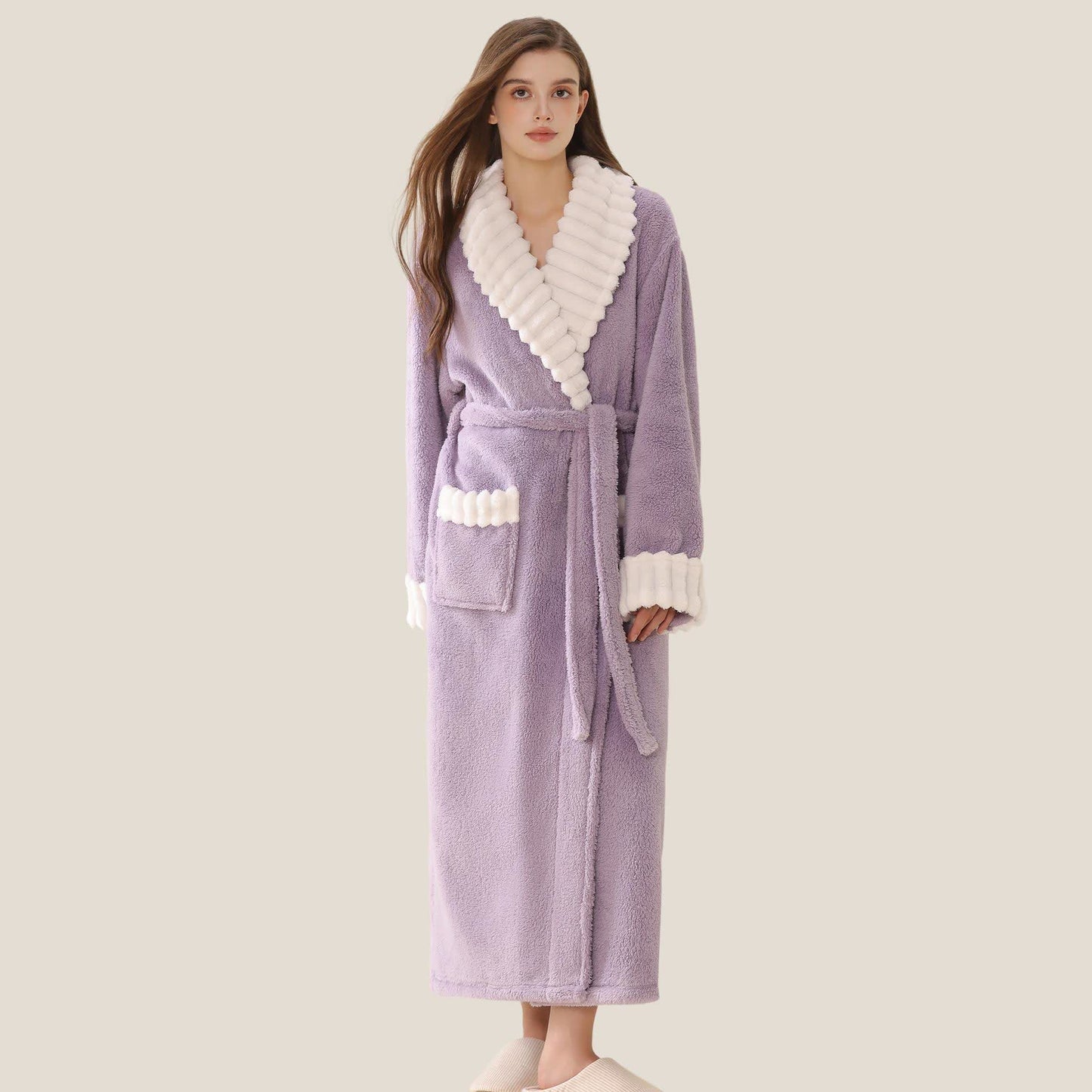 Langer Plüsch-Fleece-Bademantel mit Taschen - Lila - XL - image 4