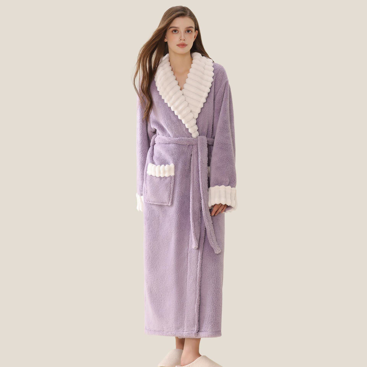 Langer Plüsch-Fleece-Bademantel mit Taschen - Lila - XL - image 4