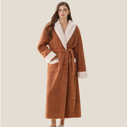 Langer Plüsch-Fleece-Bademantel mit Taschen - Kaffee - XL - image 6