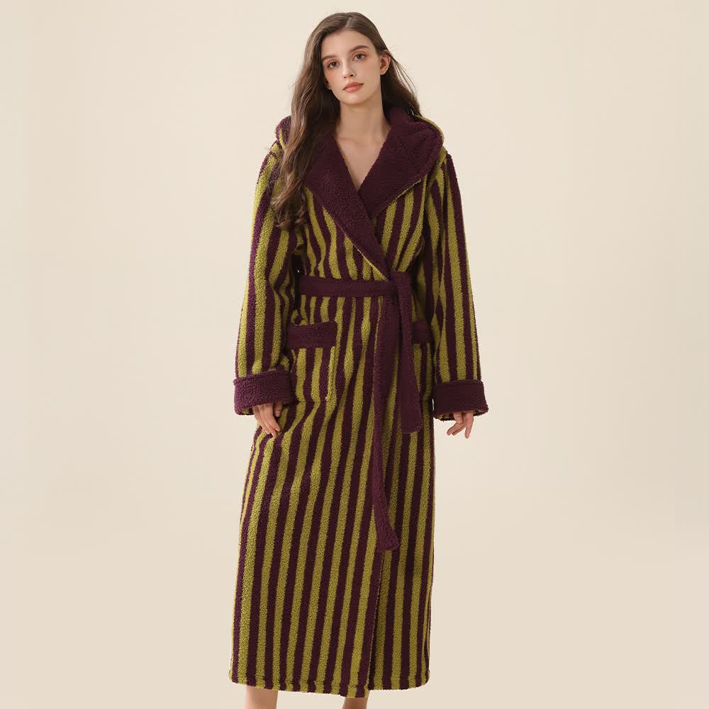 Warmer Unisex-Bademantel aus gestreiftem Fleece mit Kapuze - Lila & Grün - XL - image 8