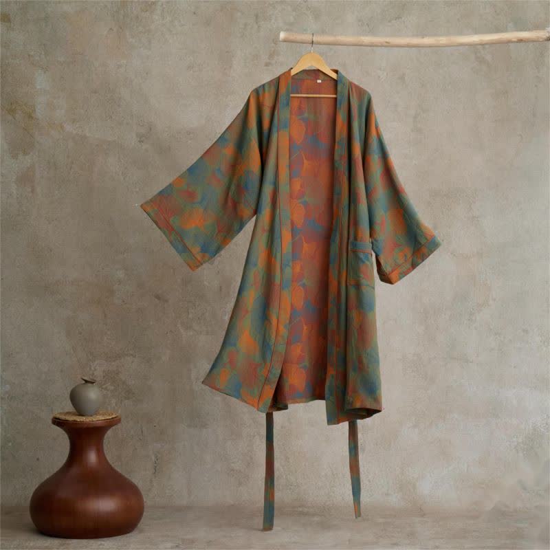 Kimono-Bademantel aus Baumwolle mit Ginkgoblatt-Print - L - image 0