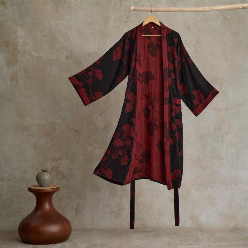 Großer Kimono-Bademantel aus Baumwolle mit Ginkgoblättern - Schwarz & Rot - 2XL - image 13
